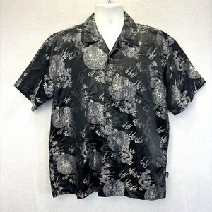 Vintage Y2K Odo Dragon Button Up Shirt Mens Large Black Silver Short Sleeve